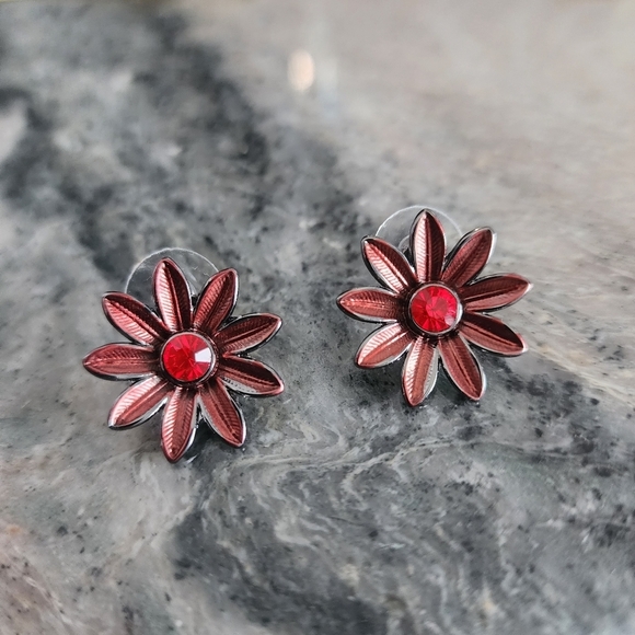 Dainty Red Flower Earrings with Rhinestone Center - Picture 1 of 6